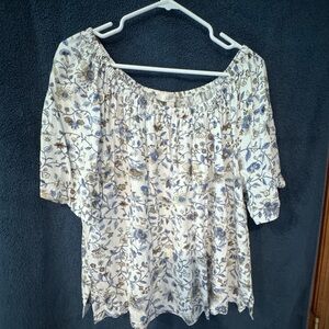 LOFT Blue and White Floral Off-Shoulder Blouse